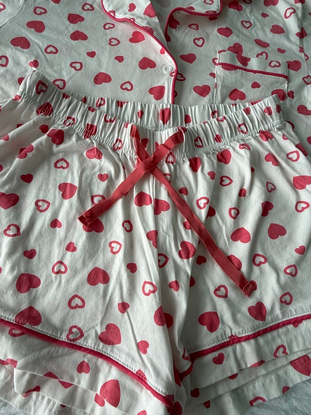 Women’s White and Pink Heart Short Pajama Set - Button-Up Top & Shorts - Picture 8 of 8